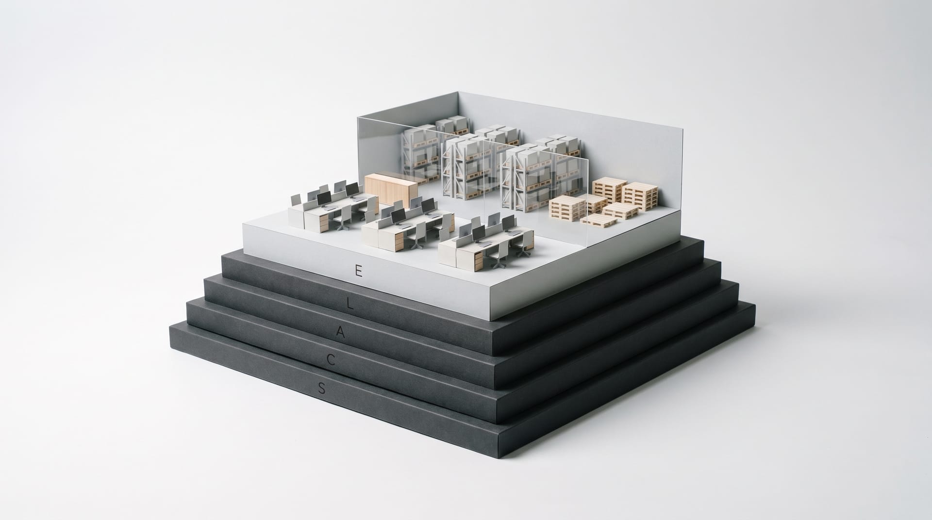 Maquette van een handelsbedrijf, met kantoor en magazijn, gebouwd op vijf lagen met de letters S, C, A, L en E.