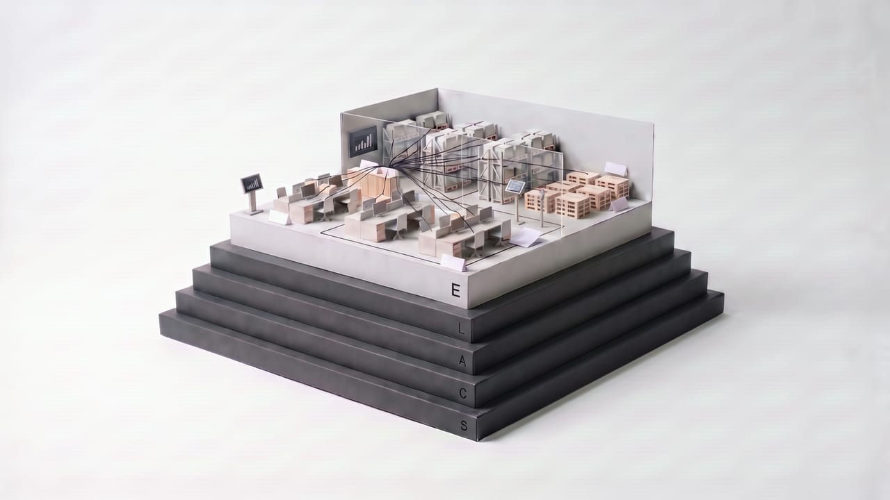 De maquette van het handelsbedrijf met alle vijf lagen af, van onder naar boven S, C, A, L en E.